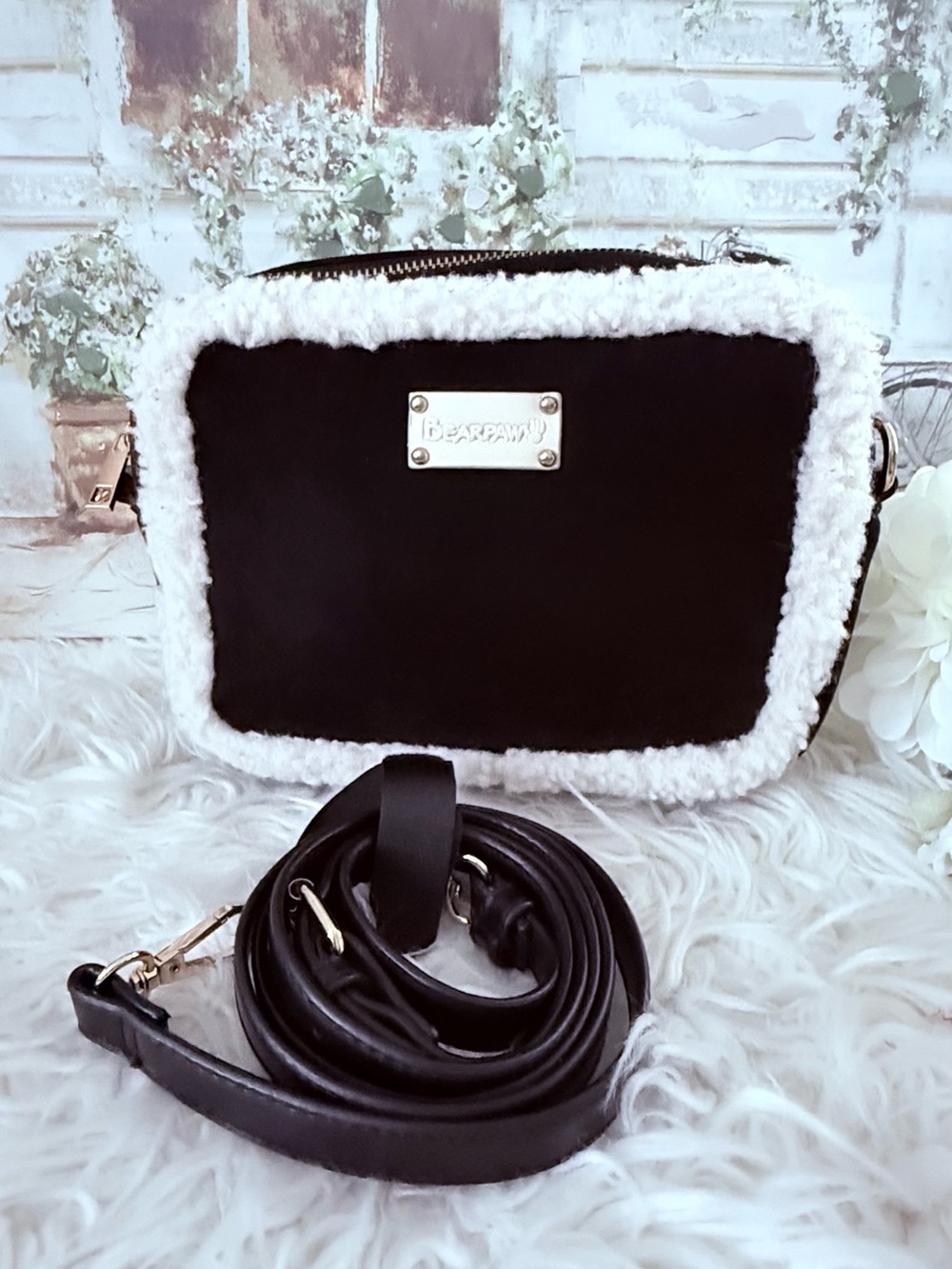 BearPaw Black Crossbody with White Faux Shearling Trim